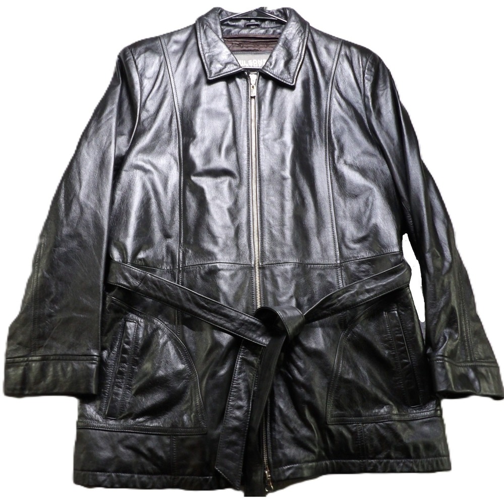 VTG 90s Wilsons Leather Belted Jacket Women XL Black Thinsulate Winter Coat Warm